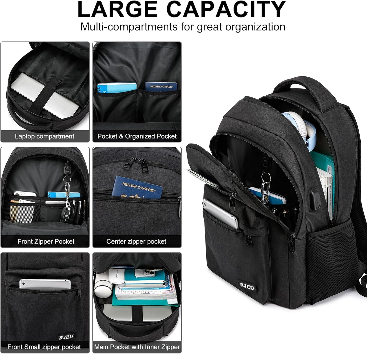 School Backpack for Teen Boys 15.6 Inch, USB Charging Port & Anti-Theft Water Resistant - School Bookbag College Business Ergonomic Backpack for Men Women, Black