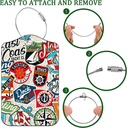 2 Pack Luggage Tag for Suitcase Nautical Patches Mountain Lake Camp Flag Leather Suitcase Tags with Privacy Name ID Label and Stainless Steel Loop for Travel Bag