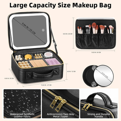 Lighted Travel Makeup Bag - 3 Colors, Mirror, 2-Layer Organizer with 10X Magnifying Mirror - Portable Cosmetic Case with Adjustable Dividers (Black)