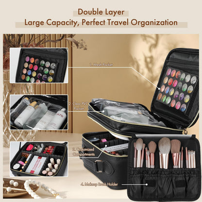 Travel Makeup Bag with LED Mirror Double Layer, Detachable Vanity Mirror with Lights, Tri-light Dimmable, Makeup Case with Adjustable Dividers and Brush Holder Cosmetic Organizer Storage Box