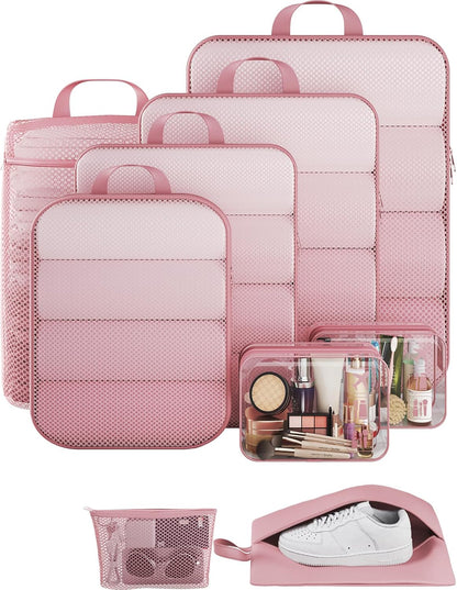 Veken 9/11 Set Compression Packing Cubes for Travel Essentials,Compressible Expandable Large Luggage Suitcase Organizer Bags for Clothing,Durable Space Saver Storage Bags with Toiletry Bags(Pink)