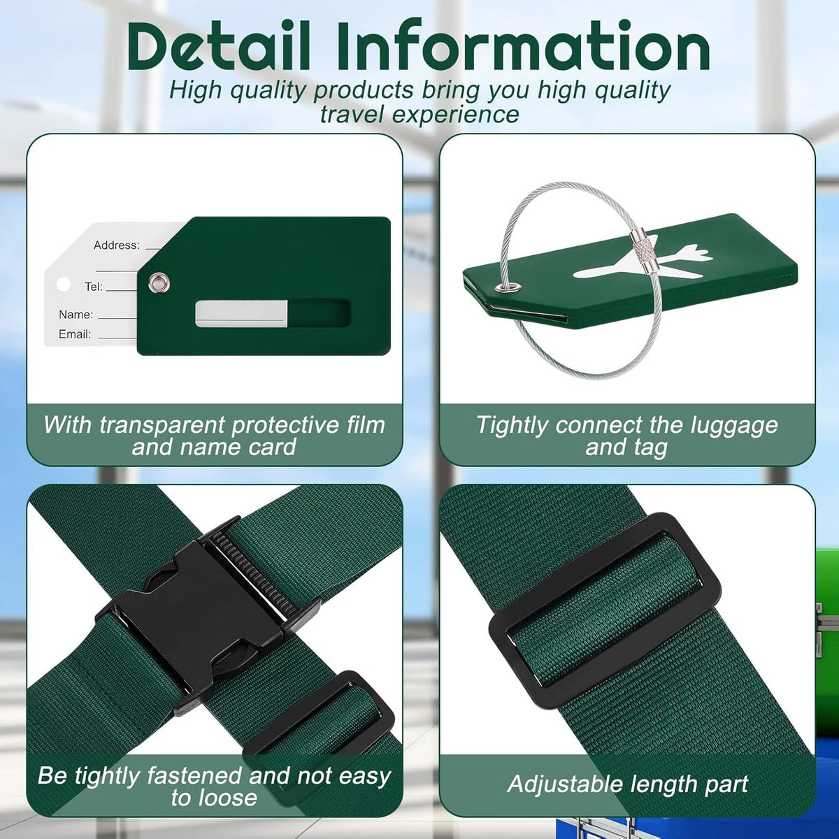 Weewooday 8 Pcs Luggage Straps Suitcase Tags Set for TSA Approved, 4 Travel Adjustable Suitcase Belt, 4 Silicone Luggage Tags with Name ID Card Travel Accessories(Dark Green,Airplane)