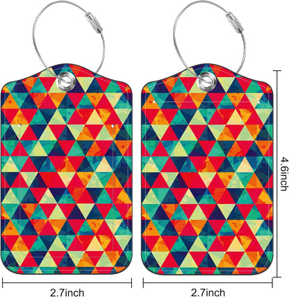 Set of 2 Luggage Tags for Suitcase Watercolor Rhombs and Colored Triangle Leather Baggage Tags Set with Stainless Steel Loop Name Address Labels Privacy Cover for Men Women Travel Bag Suitcase