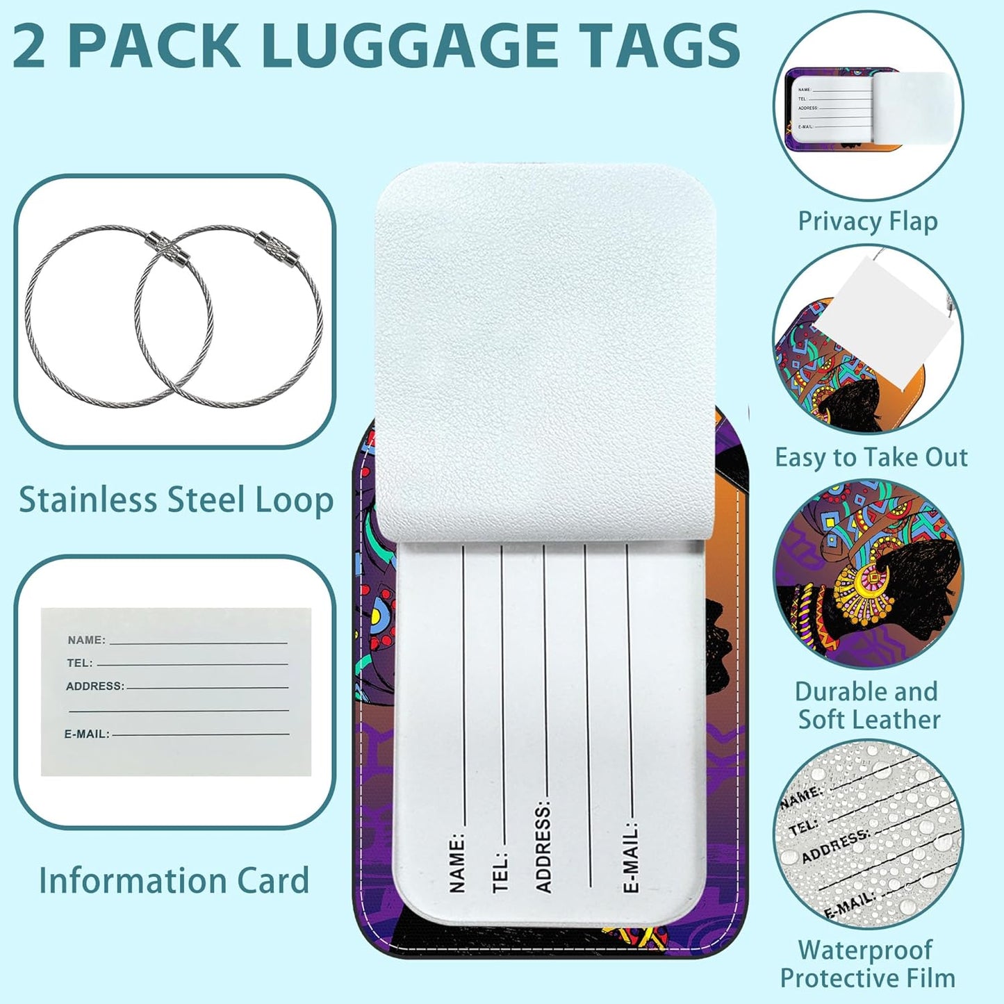 2 Pack Cute Luggage Tag for Suitcases African Girl Leather Luggage Tags with Stainless Steel Loop Privacy Flap Name Tags,Men and Women Travel Bag Suitcase Tags