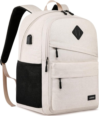 School Backpack for Teen Boys and Girls, Backpack for Men Women, 15.6 inch Laptop Back Pack for High School and College Students with USB Charging Port, Beige