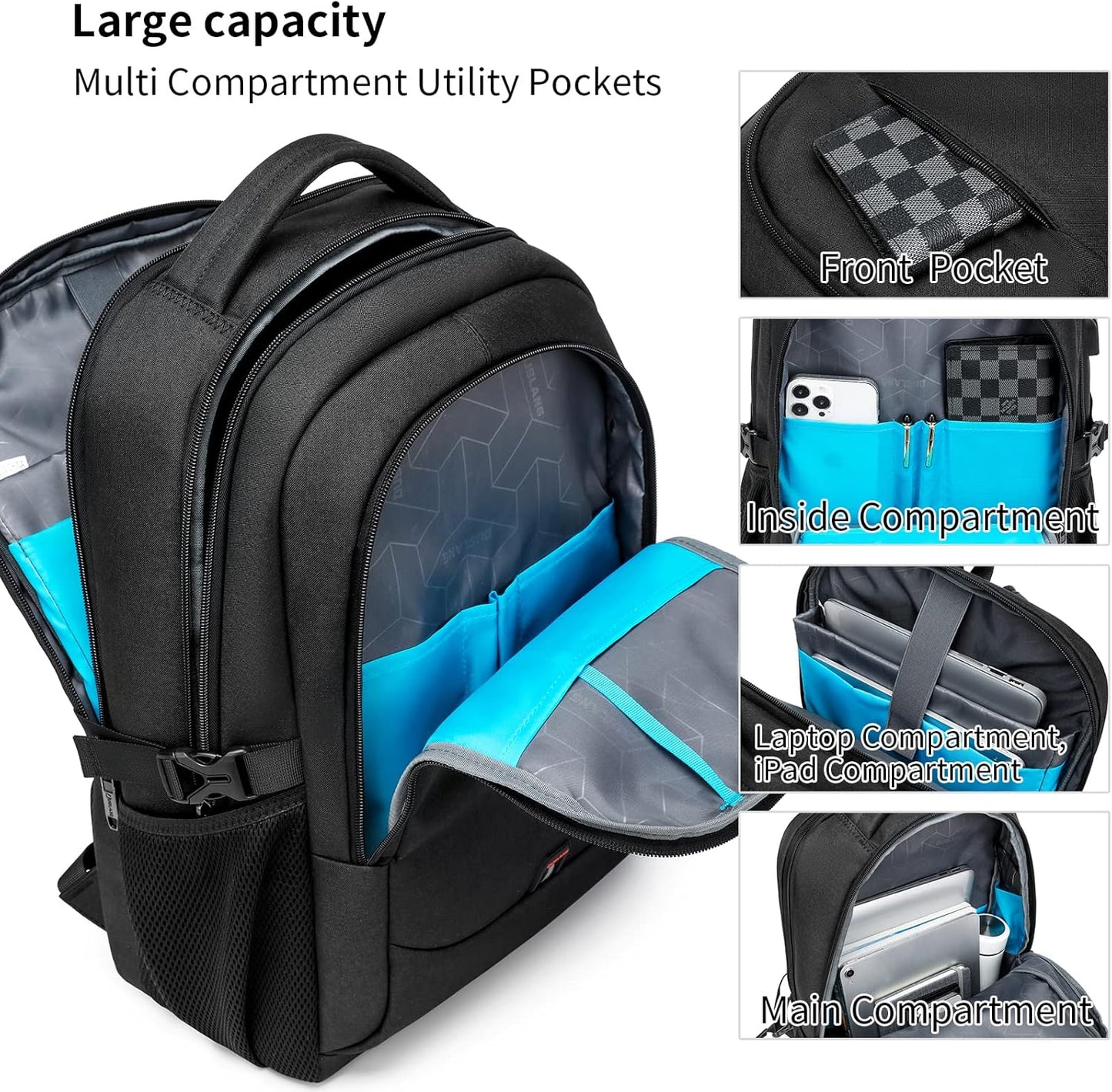 DUSLANG 17 Inch Laptop Backpack for Travel with Backpack Rain Cover College Backpack for Men Laptop Bag with USB Charging Port,Black