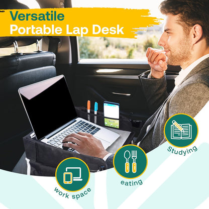 Travel Lap Desk, Travel Tray, Portable Lapdesk for Car, Remote Work, Road Trips, School, Laptop Pad with Storage Pocket, Tablet Holder, Shoulder Strap, Fits up to 15.6-Inch Laptop (Black)