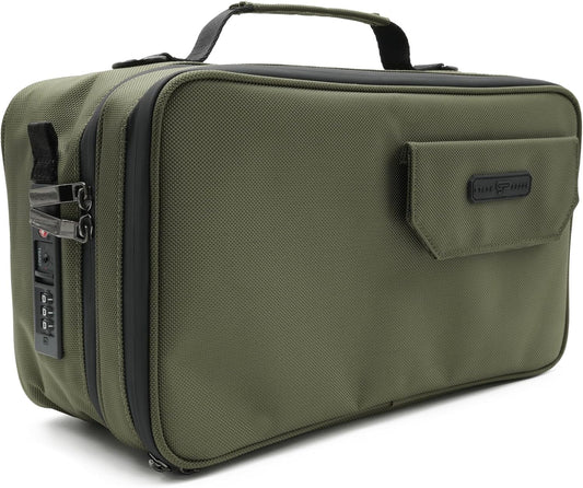 Large Storage Case with TSA Combination Lock Bag, Portable Carbon Lined, XL Medicine Lockable Box for Travel & Home Secured Box Organizer Divider Jars Accessories, Removable Tray (Green)