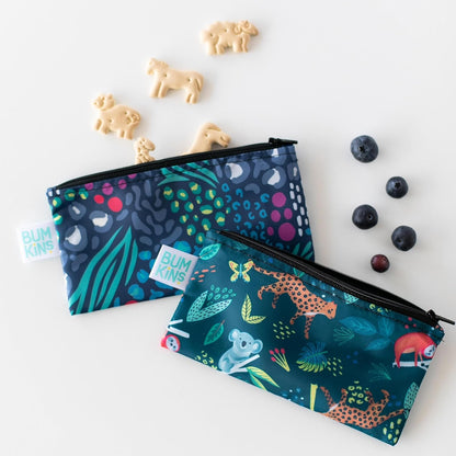 Bumkins Reusable Snack Bags, for Kids School Lunch and for Adults Portion, Washable Fabric, Waterproof Cloth Zip Bag, Supplies Travel Pouch, Food-Safe, 2-pk Jungle and Animal
