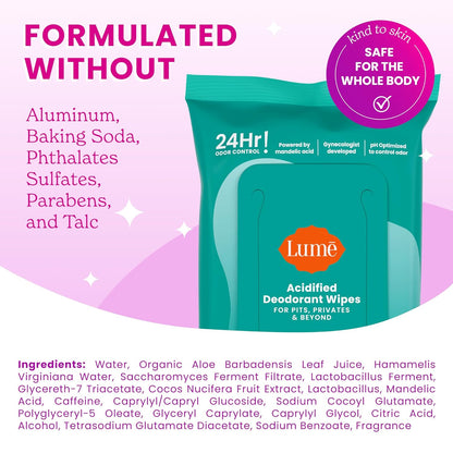 Lume Acidified Deodorant Wipes - 24 Hour Odor Control - Aluminum Free, Baking Soda Free, Skin Loving - 45 Count (Pack of 3) (Cool Cucumber)