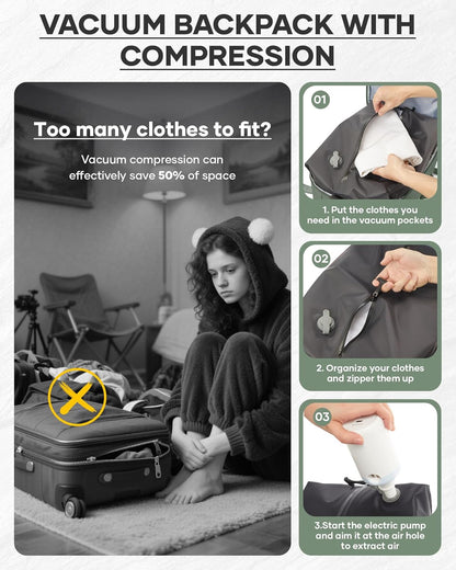 Vacuum Backpack Travel With Pump,Mochila De Viaje Compresion Al Vacio,Personal Item Travel Backpack With Vacuum System,Large Carry On Vacpack Backpacks For Women Men,Olive Green