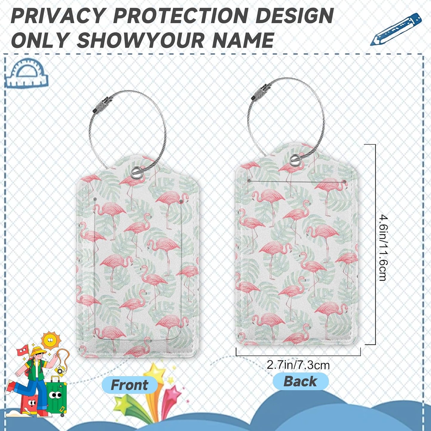 2 Pack Luggage Tag for Suitcase,Flamingos Palm Leafs Leather Suitcase Tags Identifiers with Privacy Name Address Labels and Durable Steel Loop for Women Men Travel