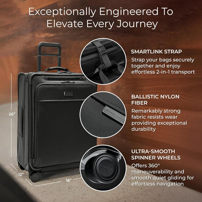 Briggs & Riley 26" Medium Expandable Spinner - Checked Luggage for Travel, Suitcases with Wheels, Softside Rolling Bag for Men & Women, Self-Repairing Zipper - Baseline Collection, Black