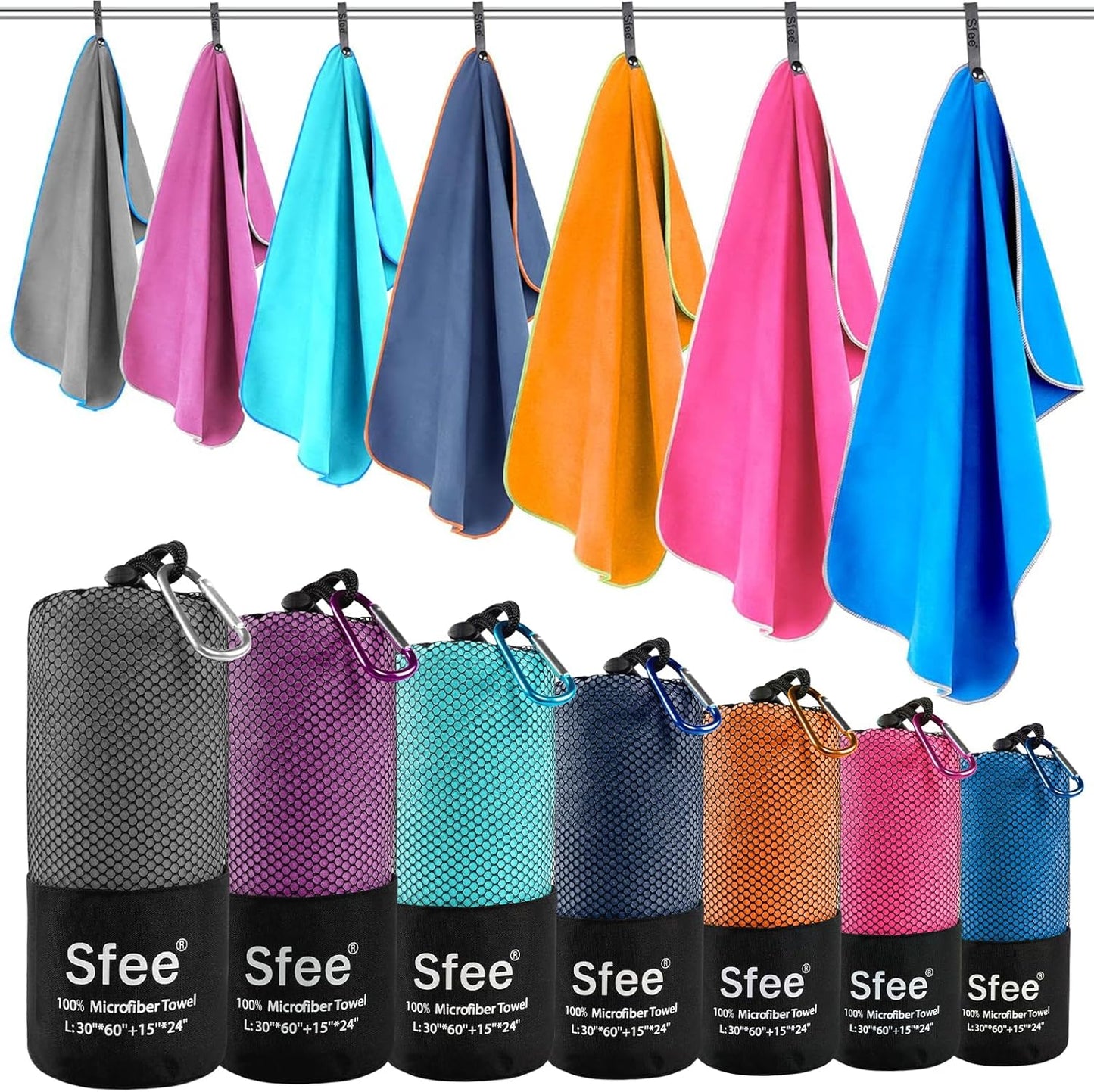 Sfee 2 Pack Microfiber Travel Towel, Quick Dry Towel Camping Towel Large Beach Towel Super Absorbent Compact Lightweight Sports Gym Towels for Beach, Gym, Hiking, Pool, Backpacking, Bath, Yoga