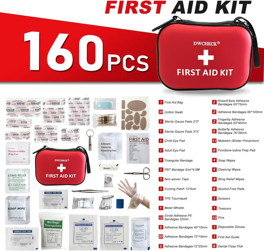 160 Piece Mini First Aid Kit, Compact Waterproof Hard Shell Small Emergency Medical Kit for Travel, Car, Home, Office, Vehicle, Hiking - Camping Essentials and Outdoor Survival Kit