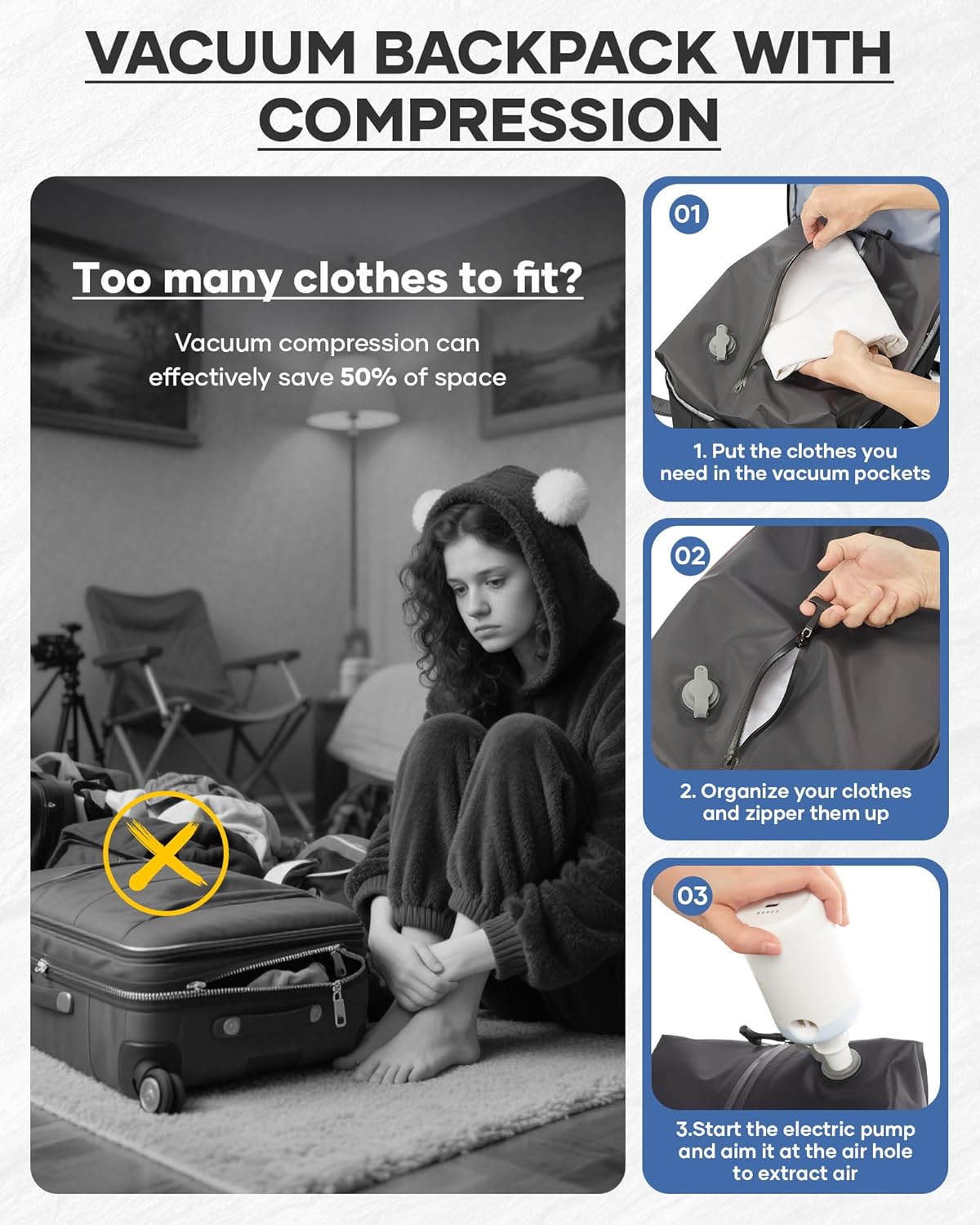 Black Vacuum Backpack With Vacuum Compression,Expanded Travel Laptop Backpacks For Women Men,Carry On Backpack Airback Backpacks With Pump Seal Packing, Personal Item Travel Bag