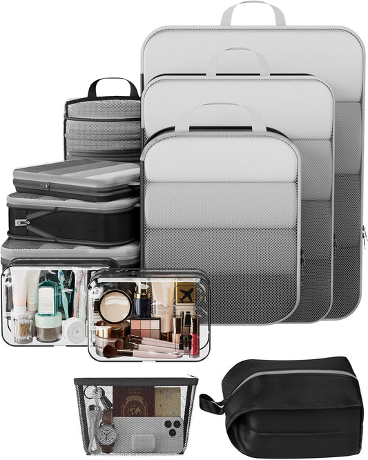Veken 11 Set Compression Packing Cubes for Travel Essentials,Compressible Expandable Large Luggage Suitcase Organizer Bags for Clothing,Durable Space Saver Storage Bags with Toiletry Bags(Black)