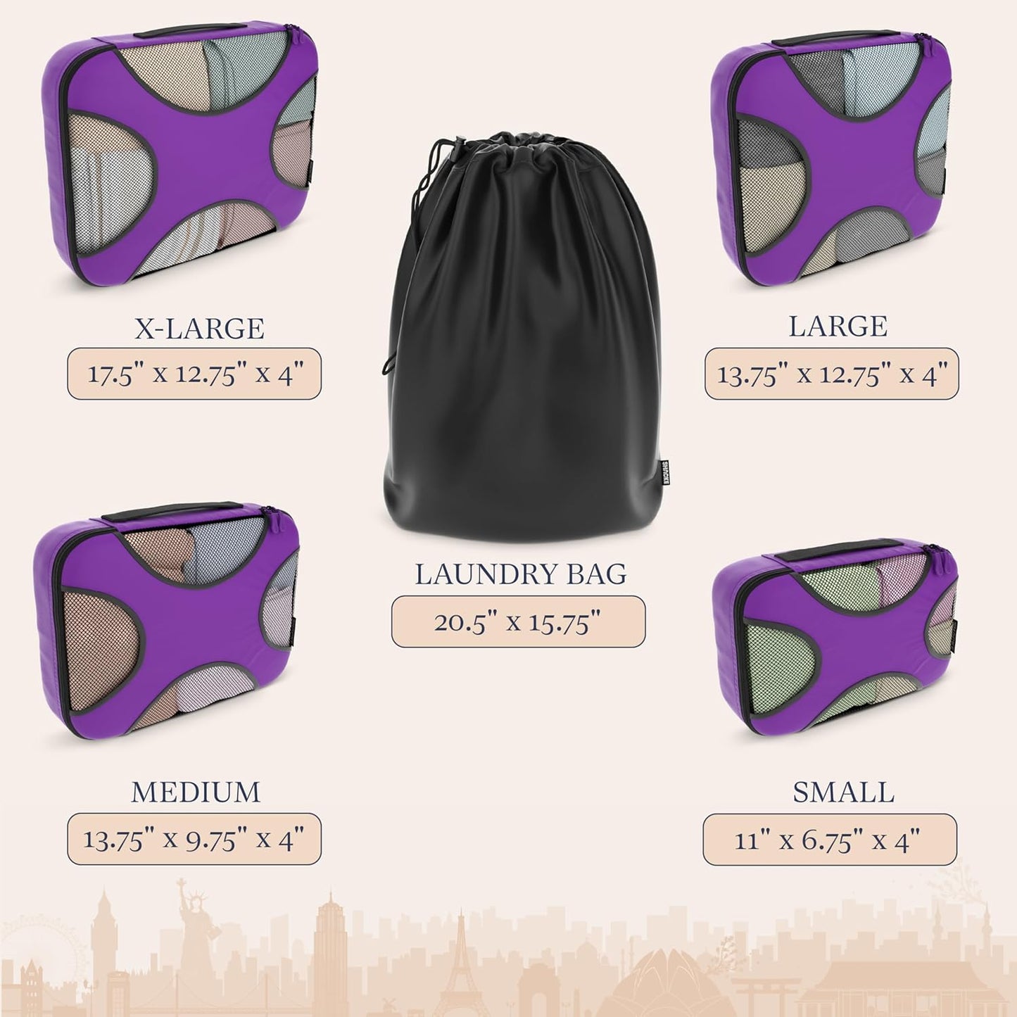 Shacke Premium 5 Packing Cubes Set - Lightweight Mesh Travel Luggage Organizers with Laundry Bag, 5-Piece Suitcase Storage System (Orchid Purple)