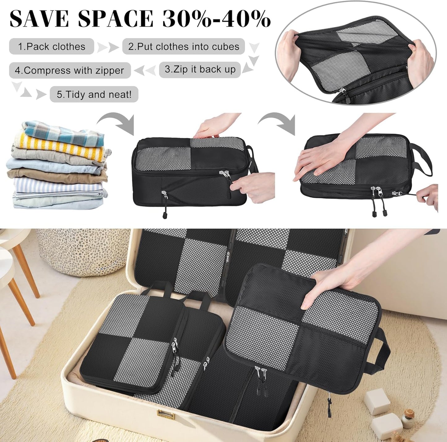 8 Set Compression Packing Cubes Travel, Lightweight Expandable Travel Cubes Suitcase Organizer for Carry On Luggage Suitcase, Black