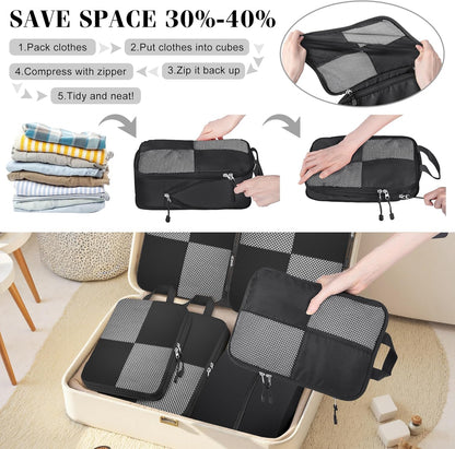 8 Set Compression Packing Cubes Travel, Lightweight Expandable Travel Cubes Suitcase Organizer for Carry On Luggage Suitcase, Black