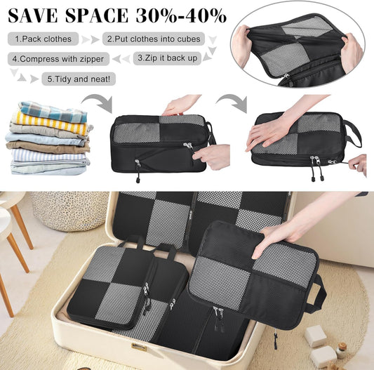 8 Set Compression Packing Cubes Travel, Lightweight Expandable Travel Cubes Suitcase Organizer for Carry On Luggage Suitcase, Black