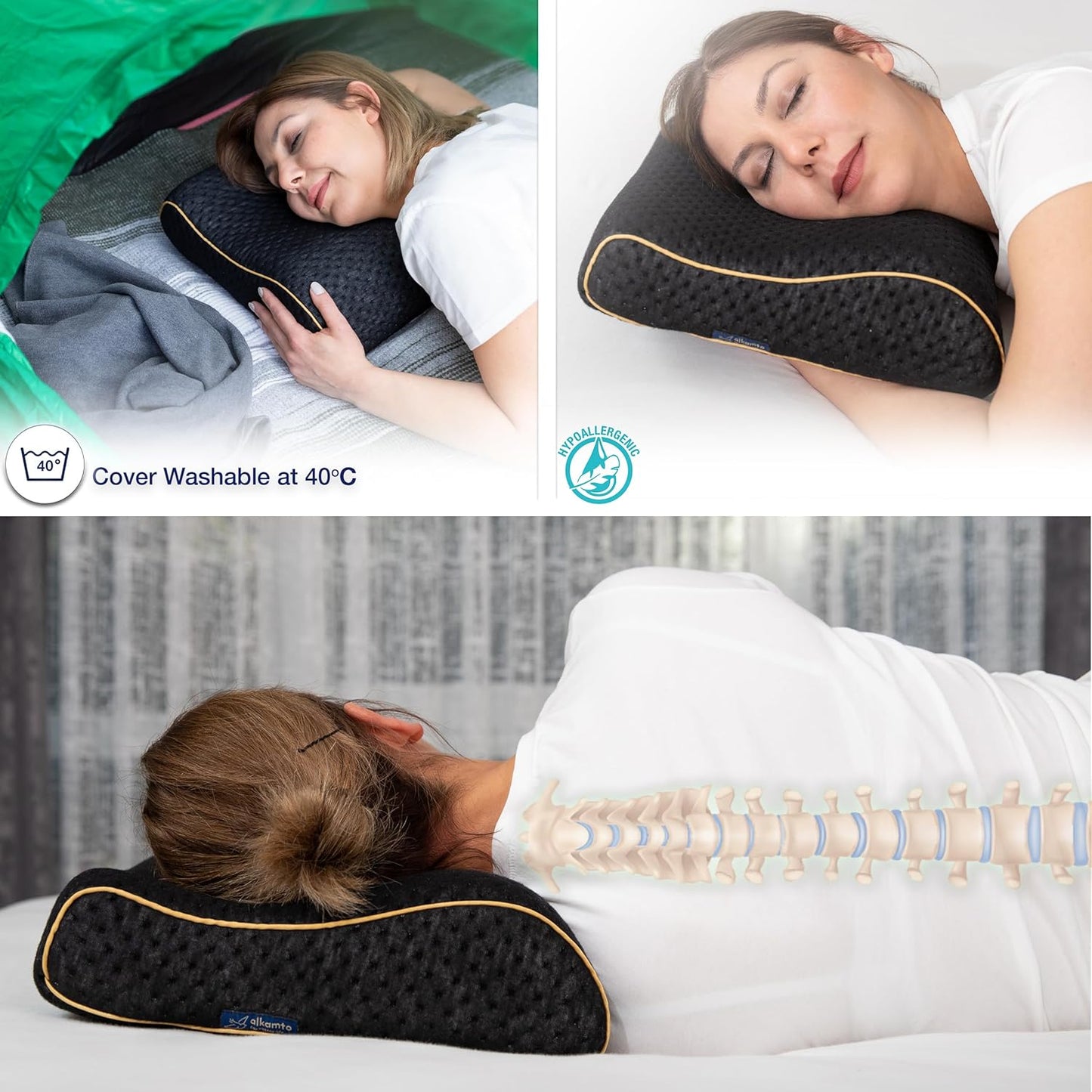 Travel & Camping Comfortable Memory Foam Pillow – Easy to Carry Portable Bag – Temperature Regulating Pillow Case (Black Contour)