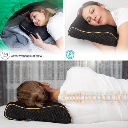 Travel & Camping Comfortable Memory Foam Pillow – Easy to Carry Portable Bag – Temperature Regulating Pillow Case (Black Contour)