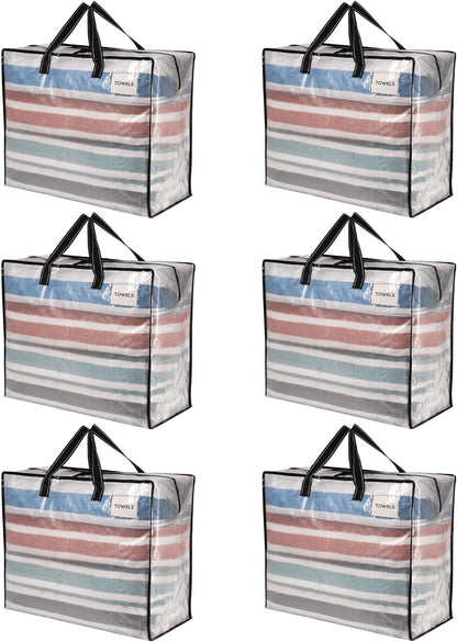 VENO 6 Pack Heavy Duty Moving Bags, Storage Bags, Packing Supplies, Top Zipper, Storage Totes for Camping, Clothes, Bedding, Comforters, Pillows (22 Gallon Clear, 6 Pack)