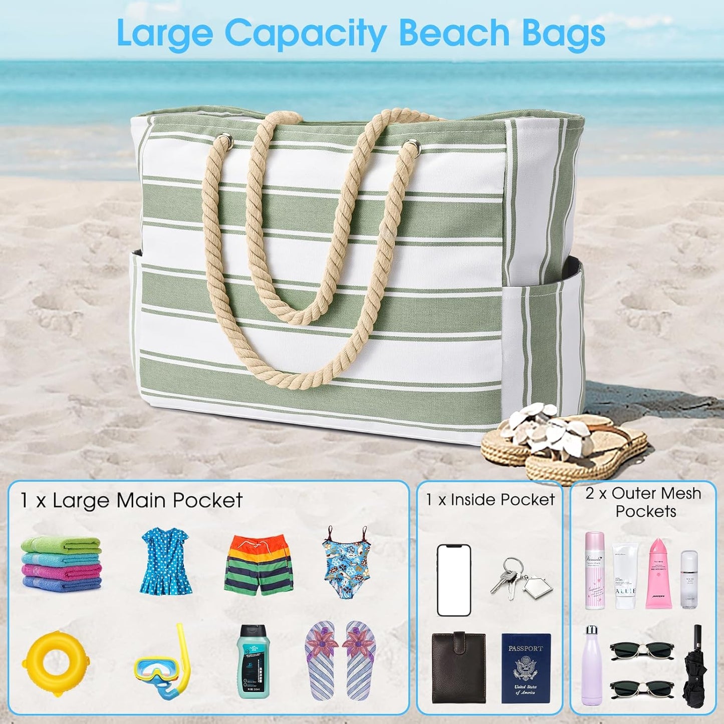 Becokan Beach Bags for Women Large Waterproof Beach Tote Bag Zipper Beach Bags Waterproof Sandproof Swim Pool Bag Large Tote