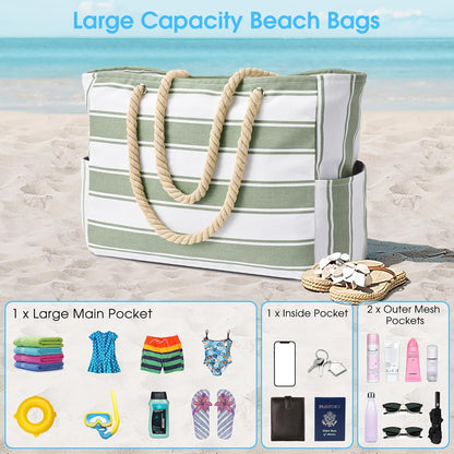 Becokan Beach Bags for Women Large Waterproof Beach Tote Bag Zipper Beach Bags Waterproof Sandproof Swim Pool Bag Large Tote