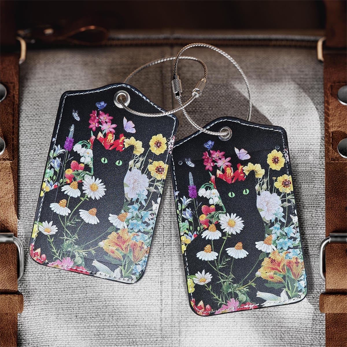 2 Pack Luggage Tag for Suitcase, Cute Unique Leather Suitcase Tags Identifiers with Privacy Name Address Labels & Durable Steel Loop for Women Men Travel