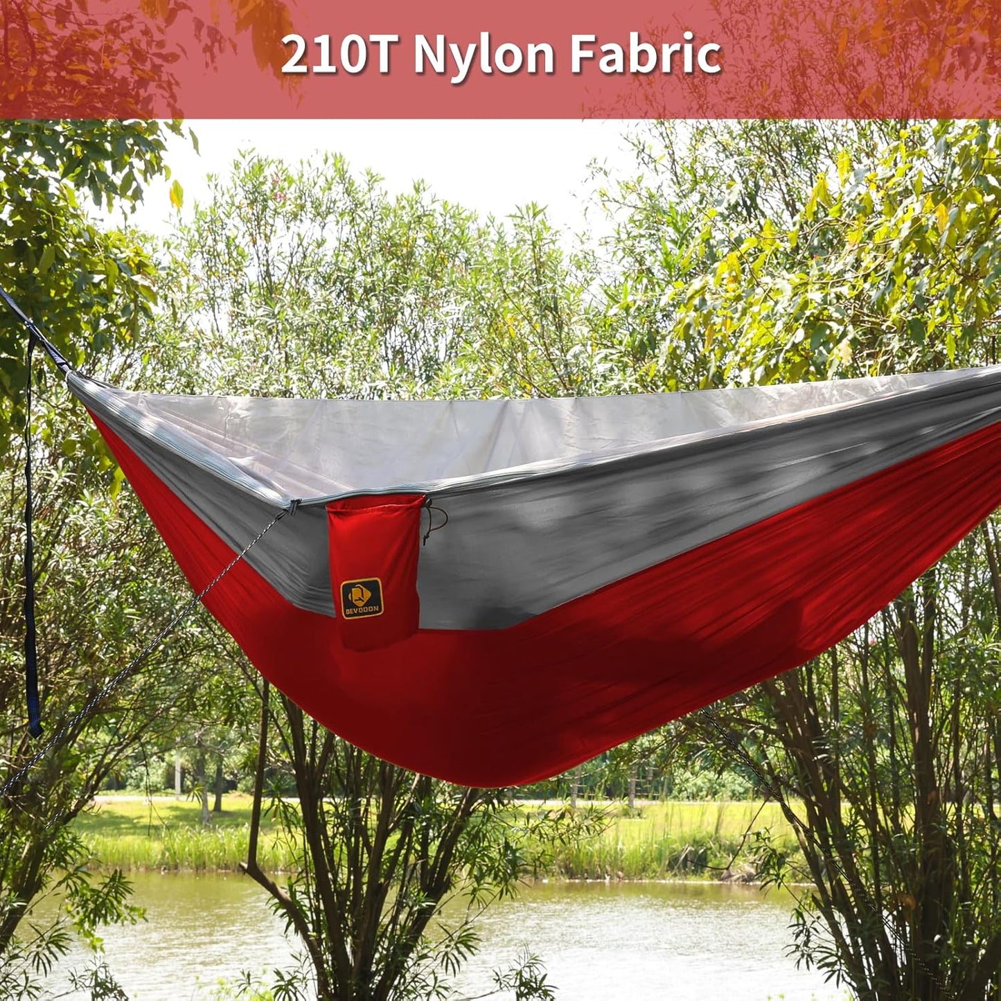 Camping Hammock, Portable Hammocks with Mosquito Net,Lightweight Nylon Parachute Hammock with 10ft Tree Straps,Camping Gear Must Haves for Travel Hiking Backpacking Beach Patio-Red&Grey