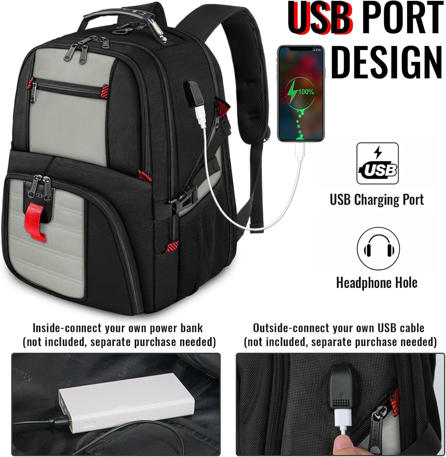 YOREPEK 18.4 Laptop Backpack, Large Backpacks with USB Charger Port, TSA Friendly Flight Approved Weekend Carry on Backpack with Luggage Strap for Men and Women, Grey