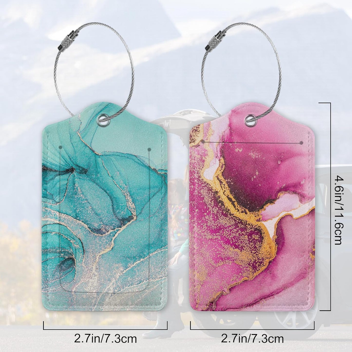 Set of 2 Pink Gold Abstract Marble Luggage Tags for Suitcases, Blue Gold Abstract Marble Leather Suitcase Tag Name Identifiers Labels for Travel Bag Baggage Backpack