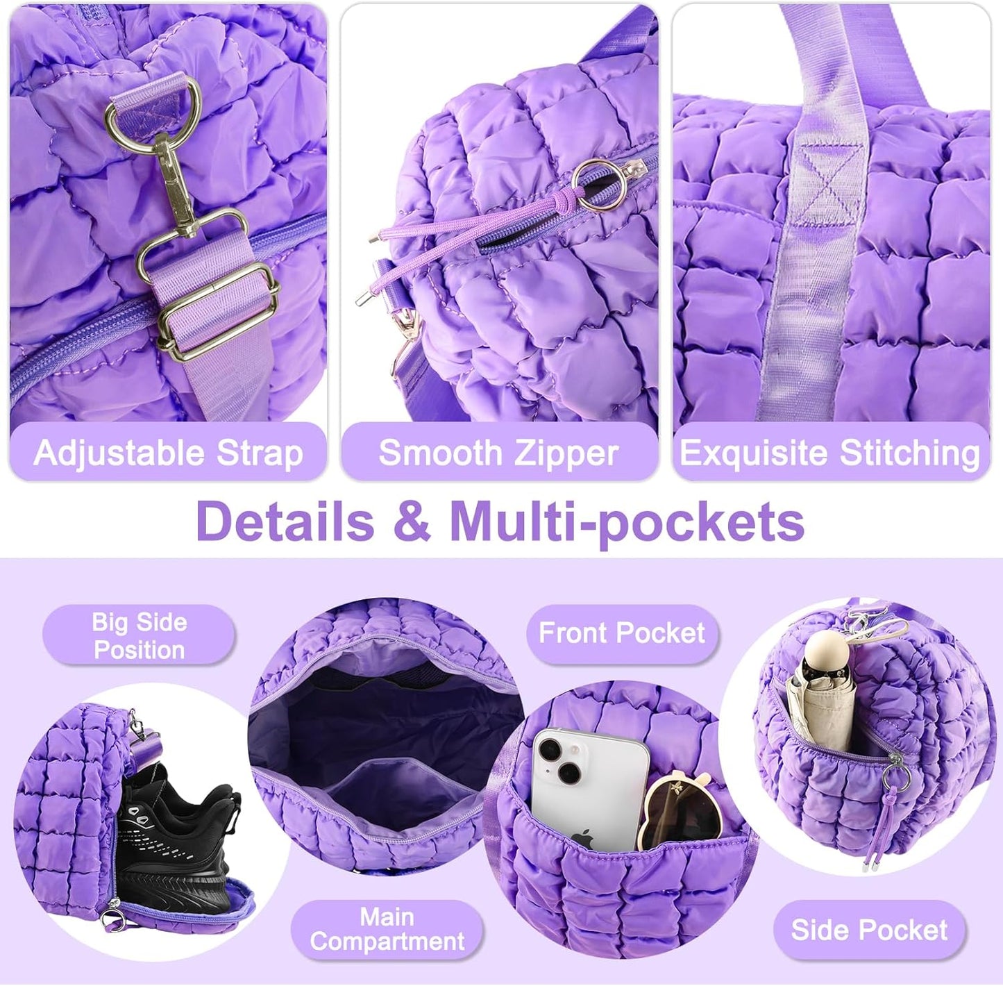 Quilted Travel Duffle Bag Gym Bag for Women,Large Puffer Duffle Weekender Bag with Compartment,Workout Overnight Carry on Organizer Bag Duffle Bag for Airplane Travel(Purple)