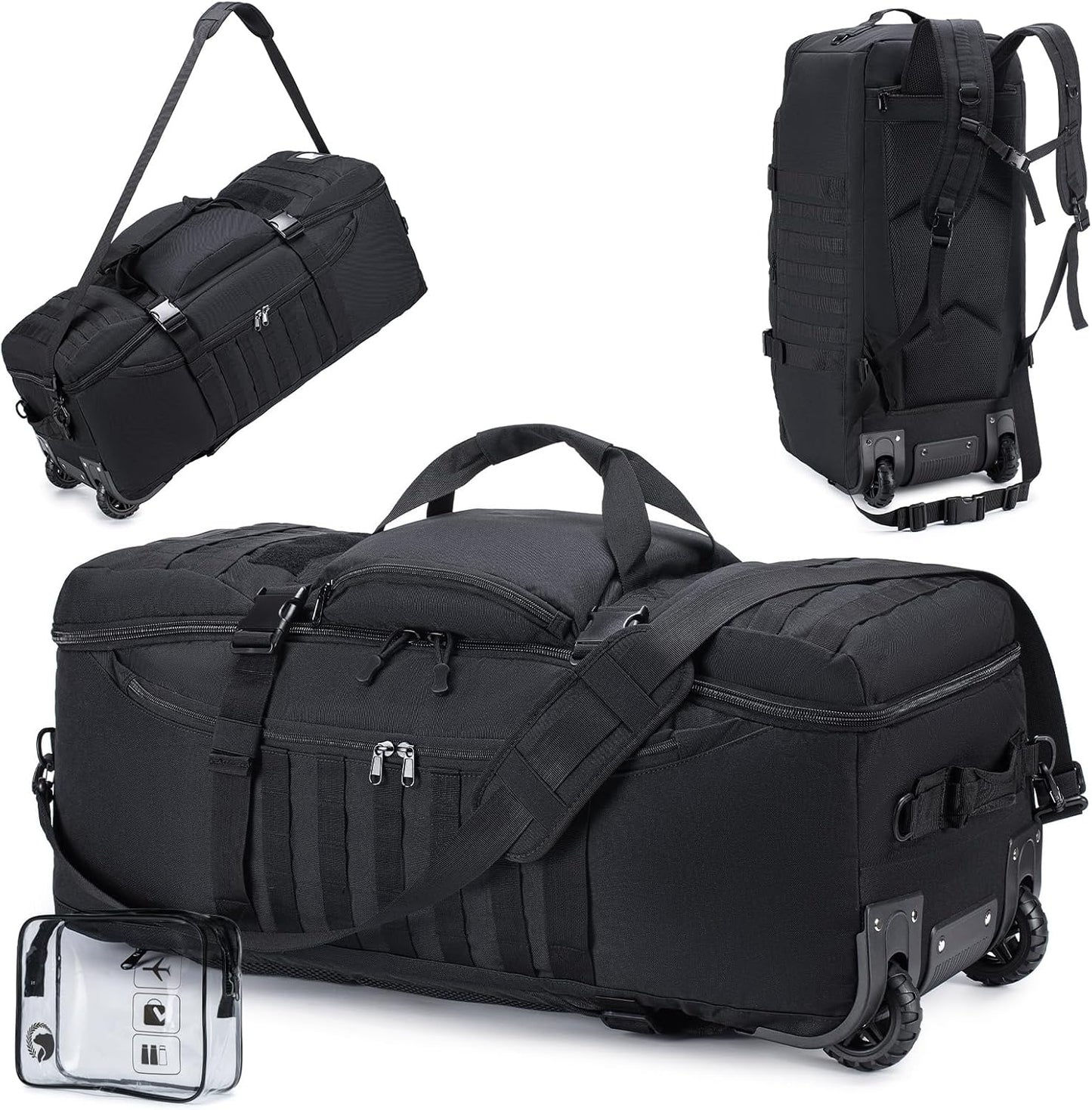 KSIBNW Rolling Duffel Bag with Wheels and Handle, 4 In 1 Tactical 86L Military Backpack with Hidden Straps,Waterproof Wheeled Large Duffle Bag for Travel,Durable MOLLE Luggage for Men & Women, Black
