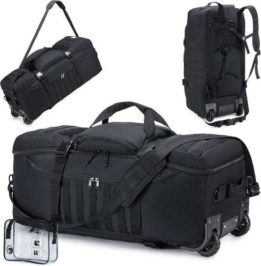 KSIBNW Rolling Duffel Bag with Wheels and Handle, 4 In 1 Tactical 86L Military Backpack with Hidden Straps,Waterproof Wheeled Large Duffle Bag for Travel,Durable MOLLE Luggage for Men & Women, Black