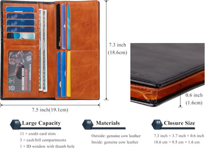VISOUL Mens Leather Long Bi-fold Checkbook RFID Blocking Wallets, Breast Pocket Tall Billfold Secretary Wallet for Men with 12 Card Slots (Black and Orange)