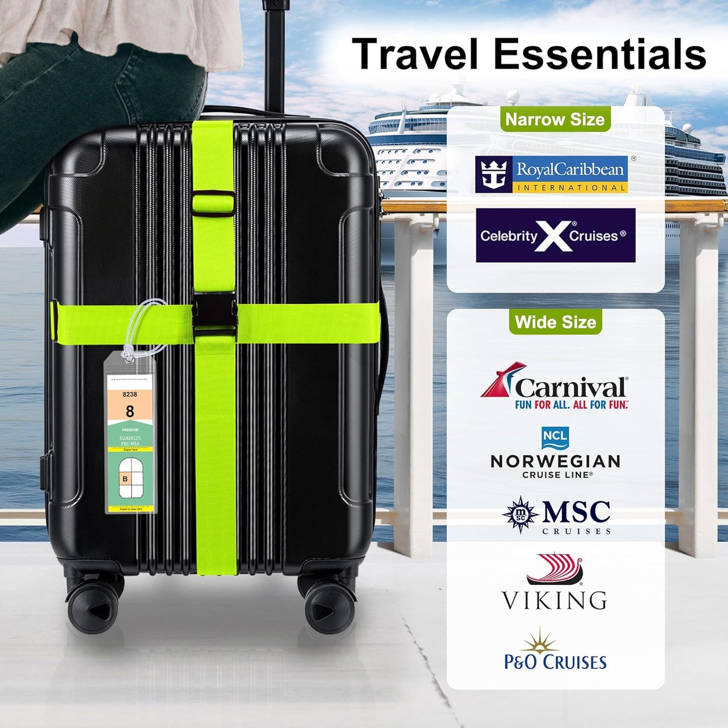 8 Pack Luggage Straps and Cruise Luggage Tags Set (4 Straps, 2 Wide, 2 Narrow Tags), Luggage Straps for Suitcases TSA Approved Suitcase Tags, Green