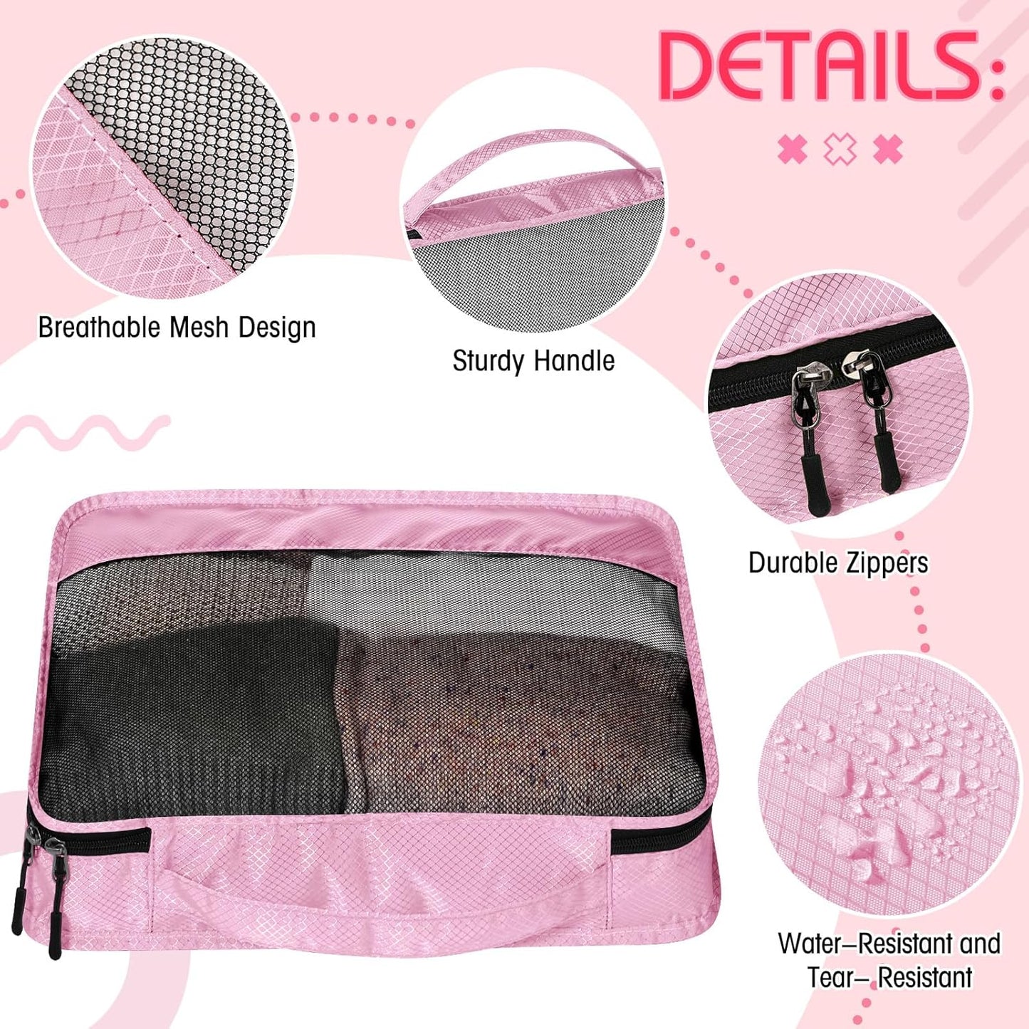 5 Pcs Packing Cubes for Suitcase Large Travel Cubes Carry on Luggage Organizer Bags for Clothes Accessories(Mixed,Pink)