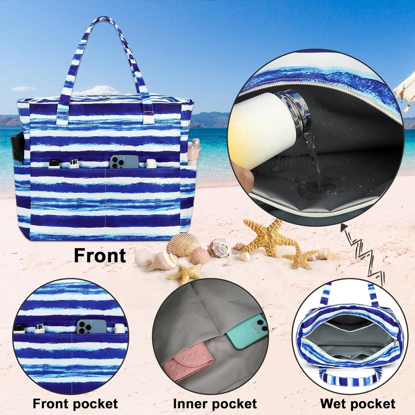 Waterproof Beach Tote Pool Bags for Women Ladies Extra Large Gym Tote Carry On Bag With Wet Compartment for Weekender Travel
