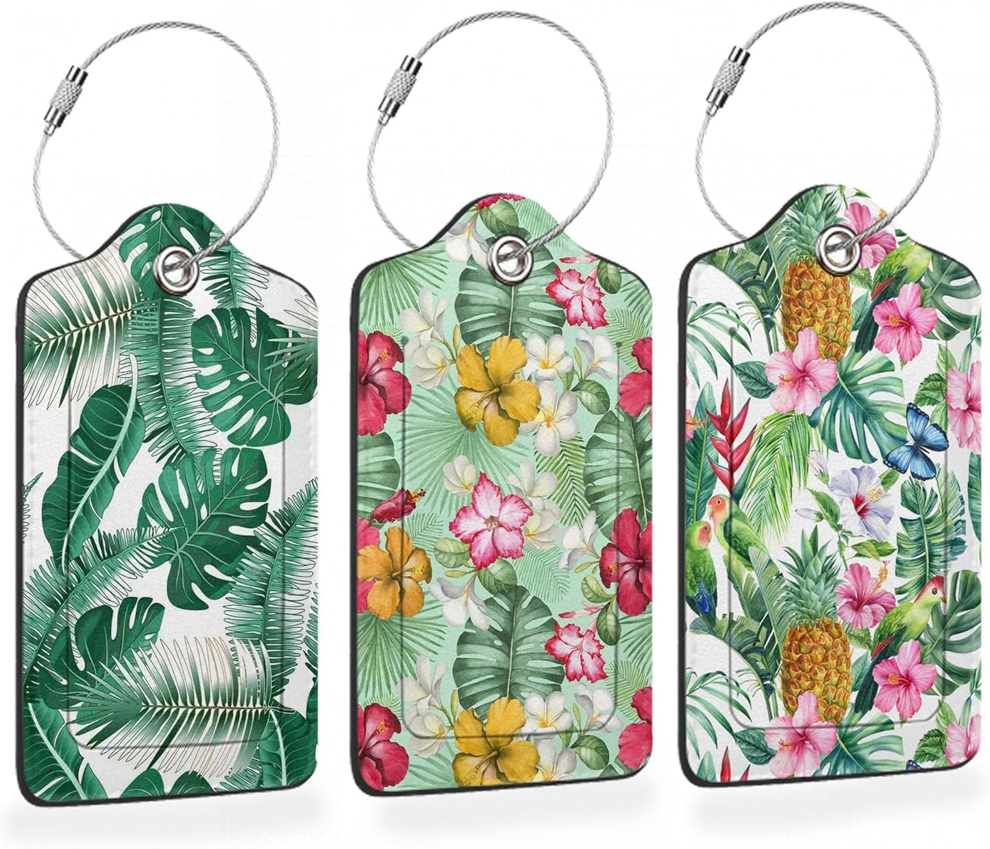 3 Pcs Luggage Tags for Suitcase,Tropical Palm Leaves and Flowers Luggage Tag Name Id Labels with Privacy Cover for Travel Backpack Women Men
