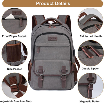 Mactso Canvas Travel Laptop Backpack for Men Women, Business Work Rucksack College School Computer Bag Fits 15.6 Inch Notebook,Bookbag with USB Charging Port (Grey, 15.6 Inch)