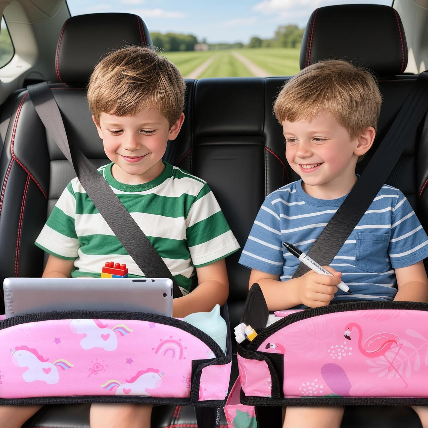 2PCS Kids Travel Tray, Car Seat Tray for kids Travel, Toddler Road Trip Essentials With Drawing Kit, Toddler Lap Desk Organizer for Car, Carseat Table for Airplane