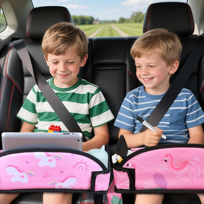 2PCS Kids Travel Tray, Car Seat Tray for kids Travel, Toddler Road Trip Essentials With Drawing Kit, Toddler Lap Desk Organizer for Car, Carseat Table for Airplane