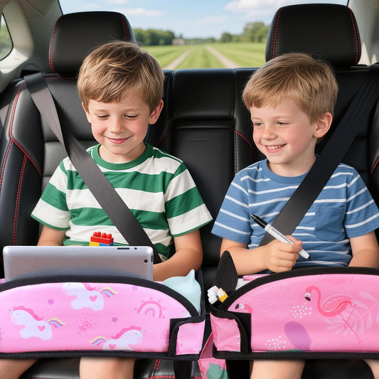 2PCS Kids Travel Tray, Car Seat Tray for kids Travel, Toddler Road Trip Essentials With Drawing Kit, Toddler Lap Desk Organizer for Car, Carseat Table for Airplane