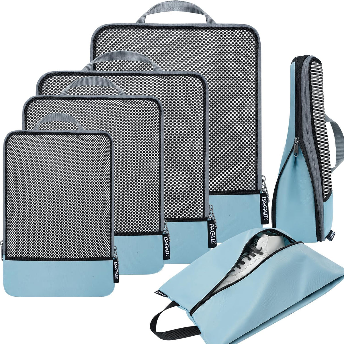 BAGAIL 4 Set/6 Set/8 Set Compression Packing Cubes Travel Accessories Expandable Packing Organizers (Half Mesh, 6-Dusty Blue)