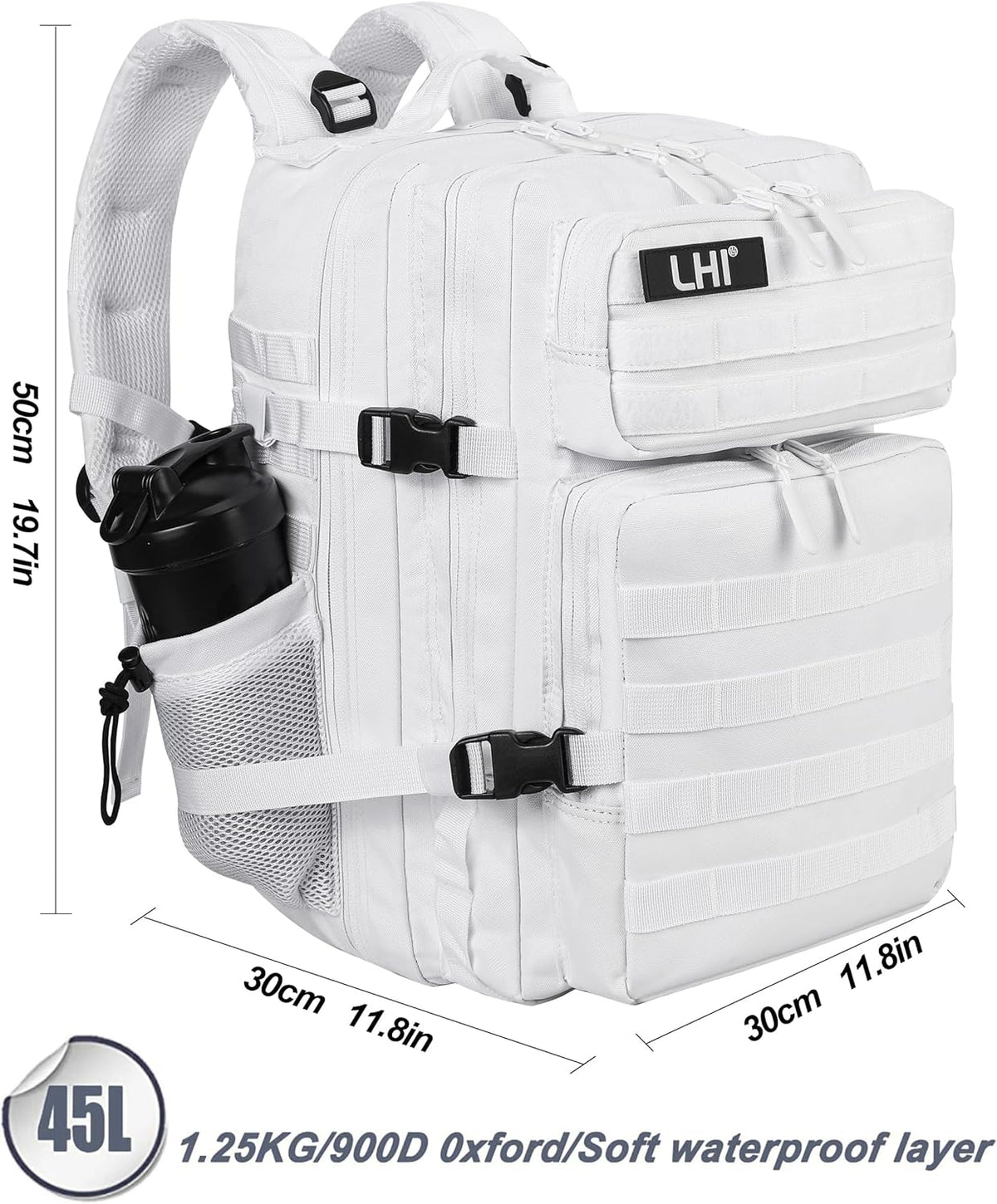 LHI Military Tactical Backpack for Men and Women 45L Army 3 Days Assault Pack Bag Large Rucksack with Molle System - White