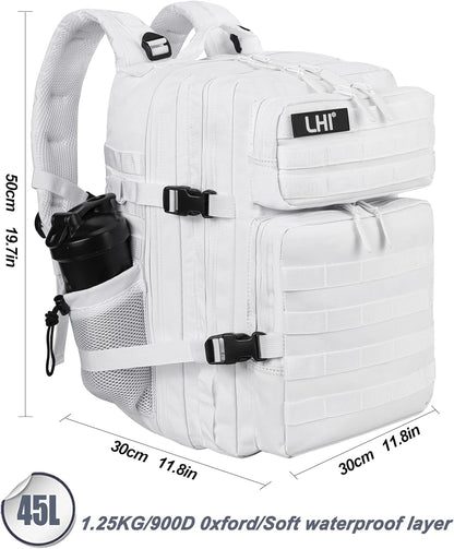 LHI Military Tactical Backpack for Men and Women 45L Army 3 Days Assault Pack Bag Large Rucksack with Molle System - White