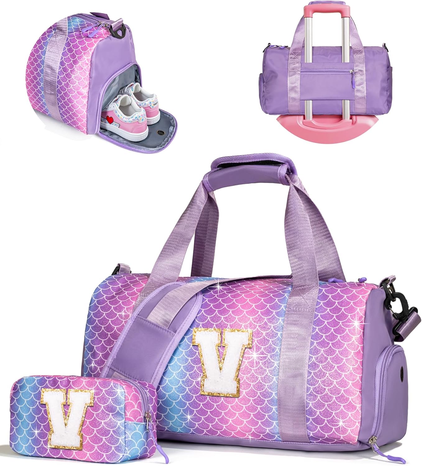 Valentines Day Gifts for Her-Girl Gym Bag with Shoe Compartment, Kid Personalized Weekender Overnight Bags, Initial Travel Tote with Makeup Pouch, Girls Kids Easter Gift (Letter V)